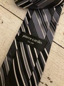 Men’s 100% Silk Neck | By Pierre Cardin | Slim Style | Black Gray White Stripes